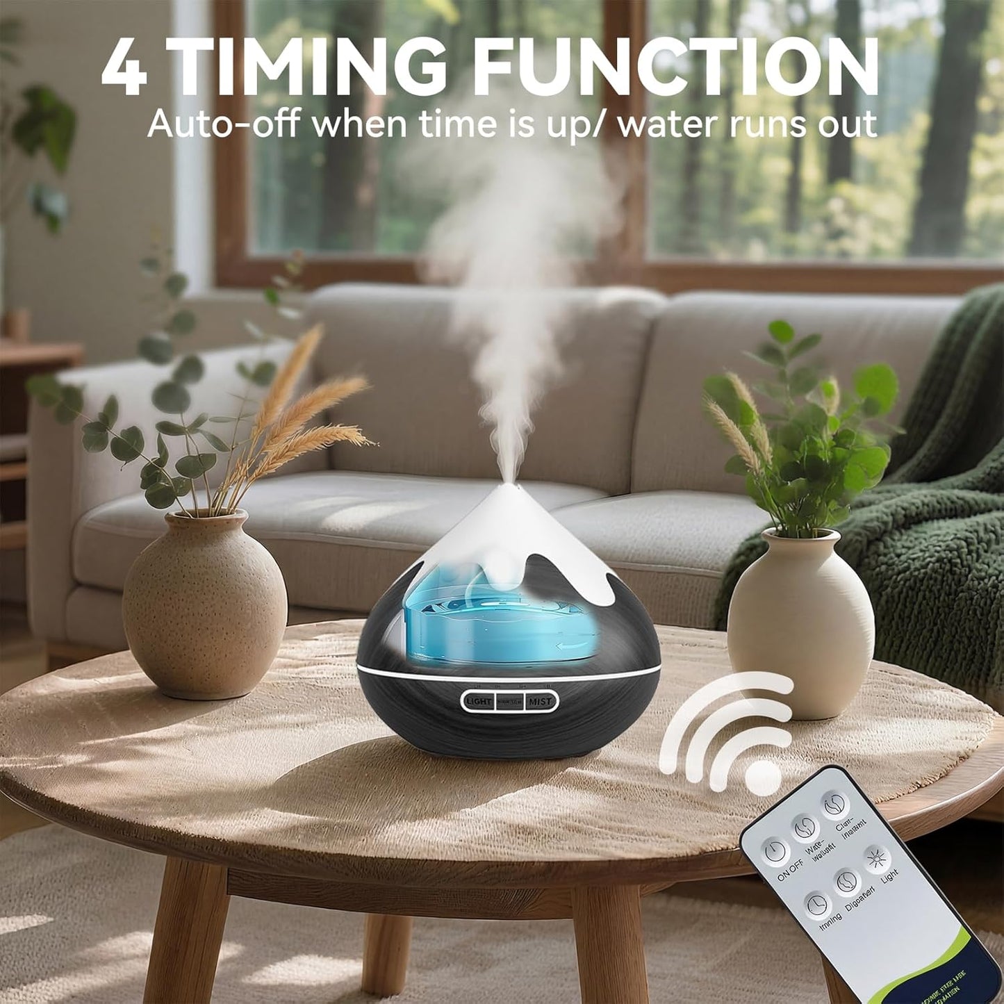 500ML Essential Oil Diffuser, Aromatherapy Diffuser with Remote Control, Multifunctional Air Diffusers for Home Office Room, Fragrance Aroma Diffuser with 7 Color LED & 2 Mist Mode, Brown