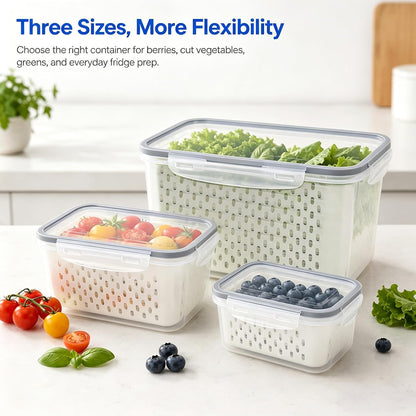 Fruit Containers 3Pcs – 4-in-1 with Removable Colanders & Lids, Fridge Fresh Storage, Dishwasher Safe