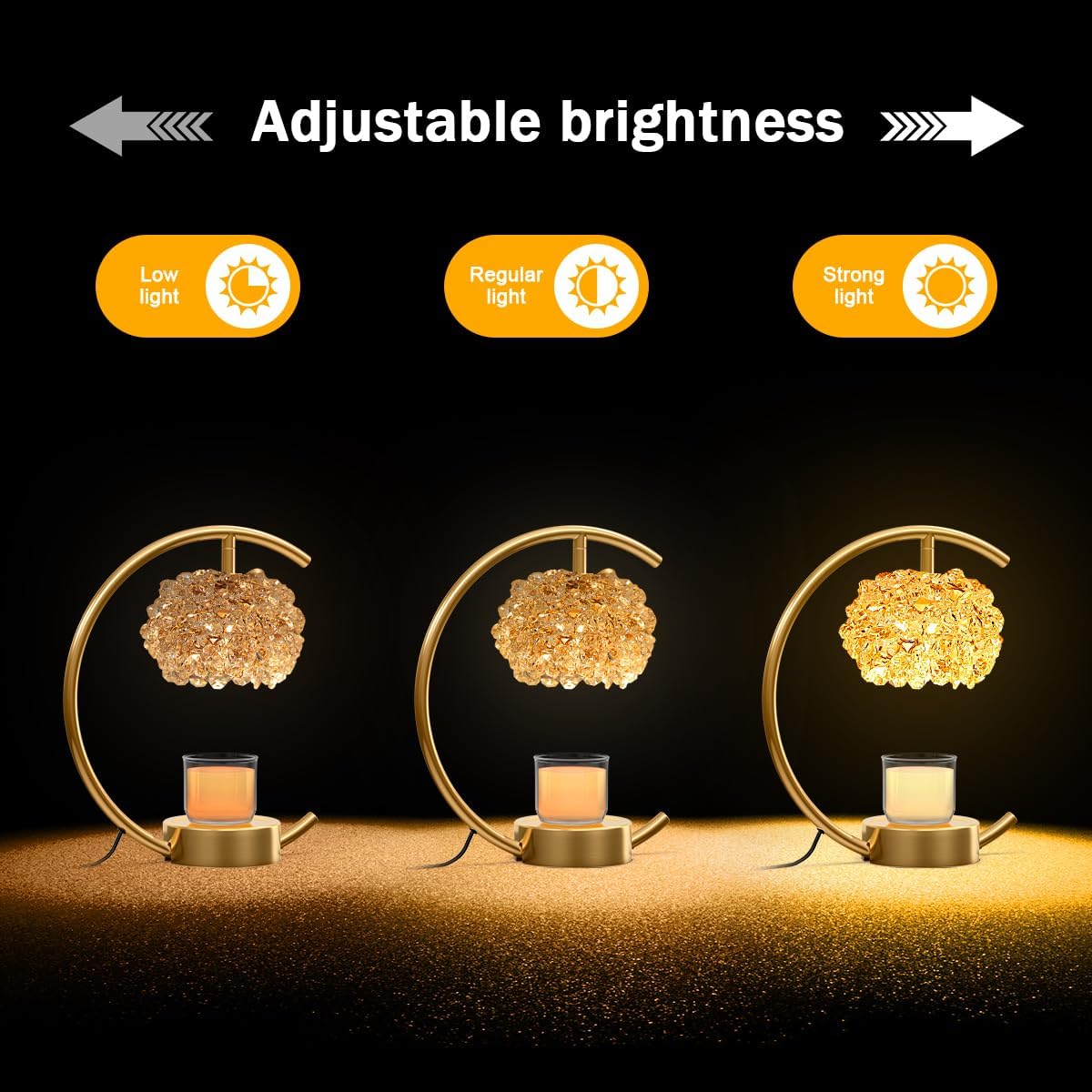Yeuslor Gold Candle Warmer Lamp for Jar Candles with Adjustable Brightness＆Timer，Handcrafted Crystal＆Wooden Base, Luxurious Design,Home Decoration Electric Candle lamp(C-Shaped)