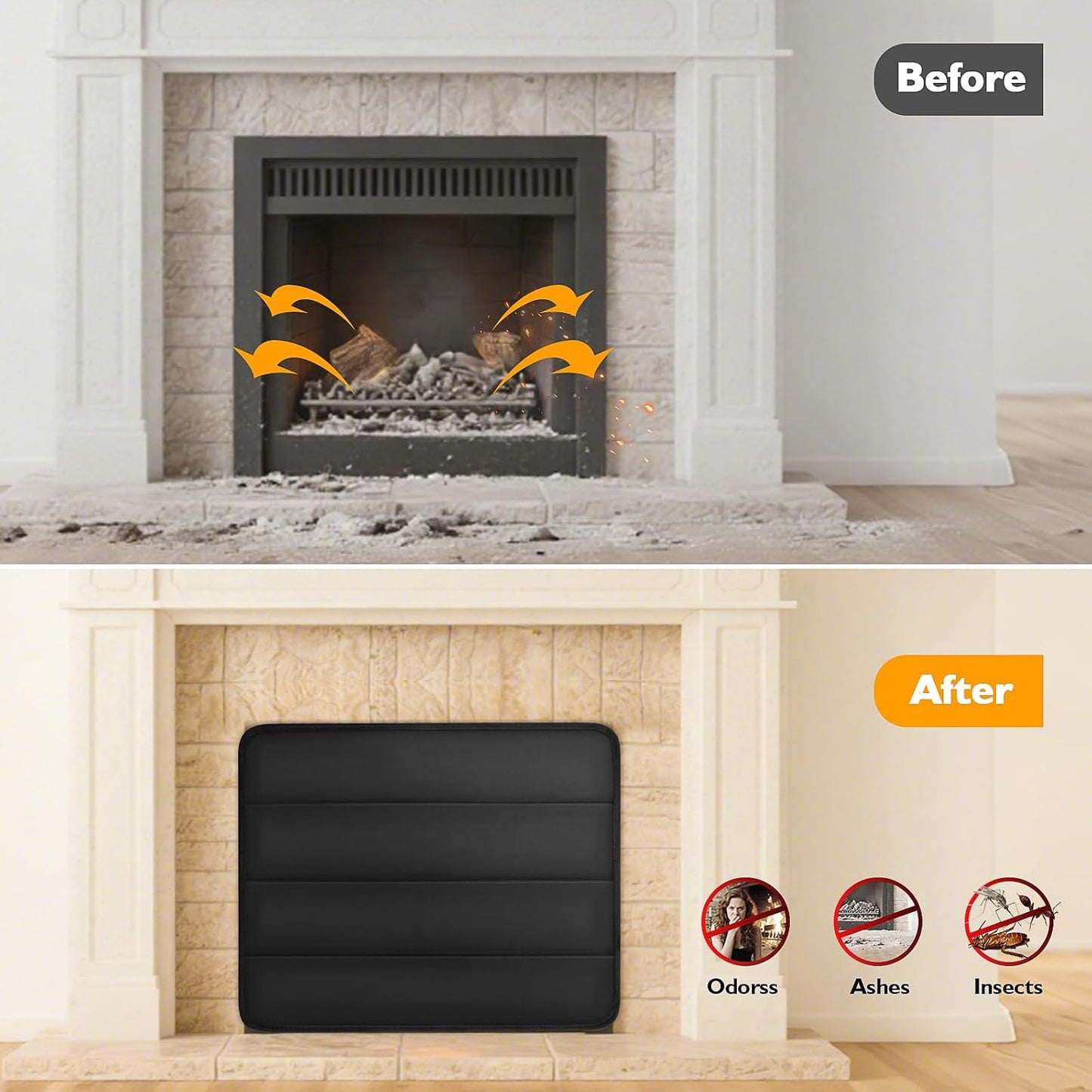 Magnetic Fireplace Cover Indoor to Block Cold Air Reduce Energy Costs, Fireplace Blanket Draft Stopper with Built-in 12 Strong Magnet for Iron Frame 39" W x 32" H, Black