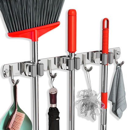 Mop and Broom Holder Wall Mount, Upgraded Broom Hanger Wall Mount, Stainless Steel Broom Organizer for Closet Garage Laundry Room Kitchen Wall Decor(3Racks 4Hooks Black)