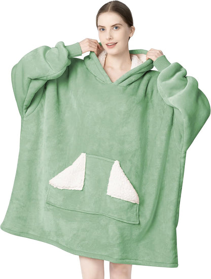 Wearable Blanket Hoodie, Oversized Sherpa Fleece Sweatshirt Blanket with Giant Hood Pocket and Sleeves for Adult, Warm & Cozy Grey Blanket Gifts for Women