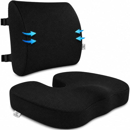 2-in-1 Memory Foam Seat Cushion & Lumbar Support Set | Ergonomic Office Chair Cushion for Tailbone, Sciatica & Help Back Pain Relief | Non-Slip Coccyx Pad, Washable Cover, Adjustable Strap