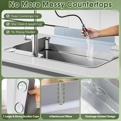 23” Kitchen Sink Splash Guard, OUTFANDIA Silicone Splash Guard with Strong Suction Cups, Flexible Sink Edge Protector for Kitchen/Bathroom, Front/Back Fcaucet, Tool Free to Install