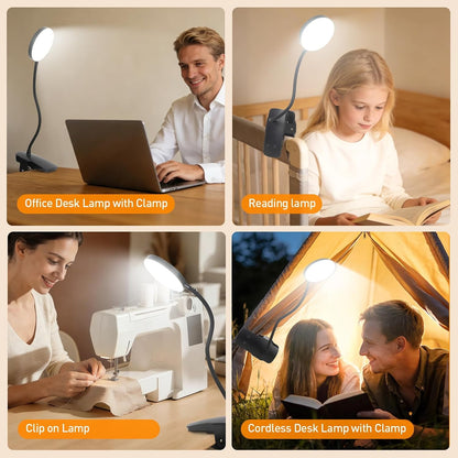 Cordless Rechargeable Clip On Desk Lamp Thick Flexible 360° Gooseneck