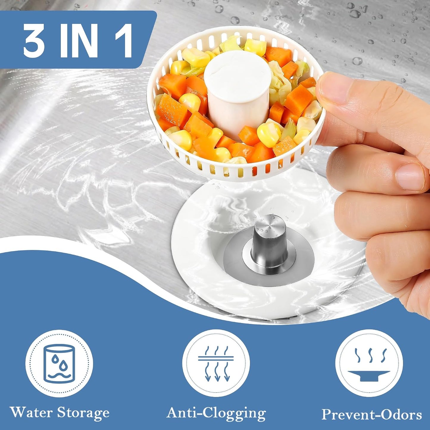 TGOSOMT Kitchen Sink Drain Strainer Stopper, Anti-Clog & Quick Drain | 3-IN-1 Design, Stainless Steel 304, Removable Strainer Basket, Corrosion & Scratch Resistant, Fits US Standard 3-1/2" Drain