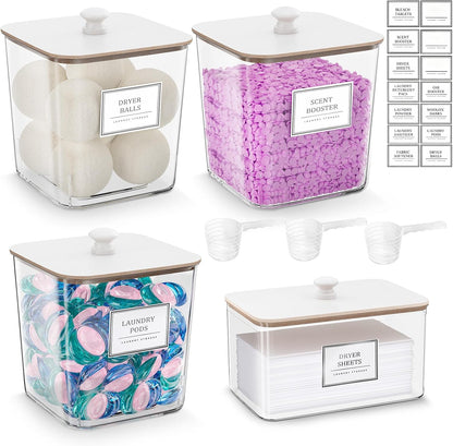 HomePekite Laundry Pods Storage Container, Clear Laundry Room Organization and Storage ,Detergent Powder Container,with Wooden Lids & Labels, 3+1 Pack