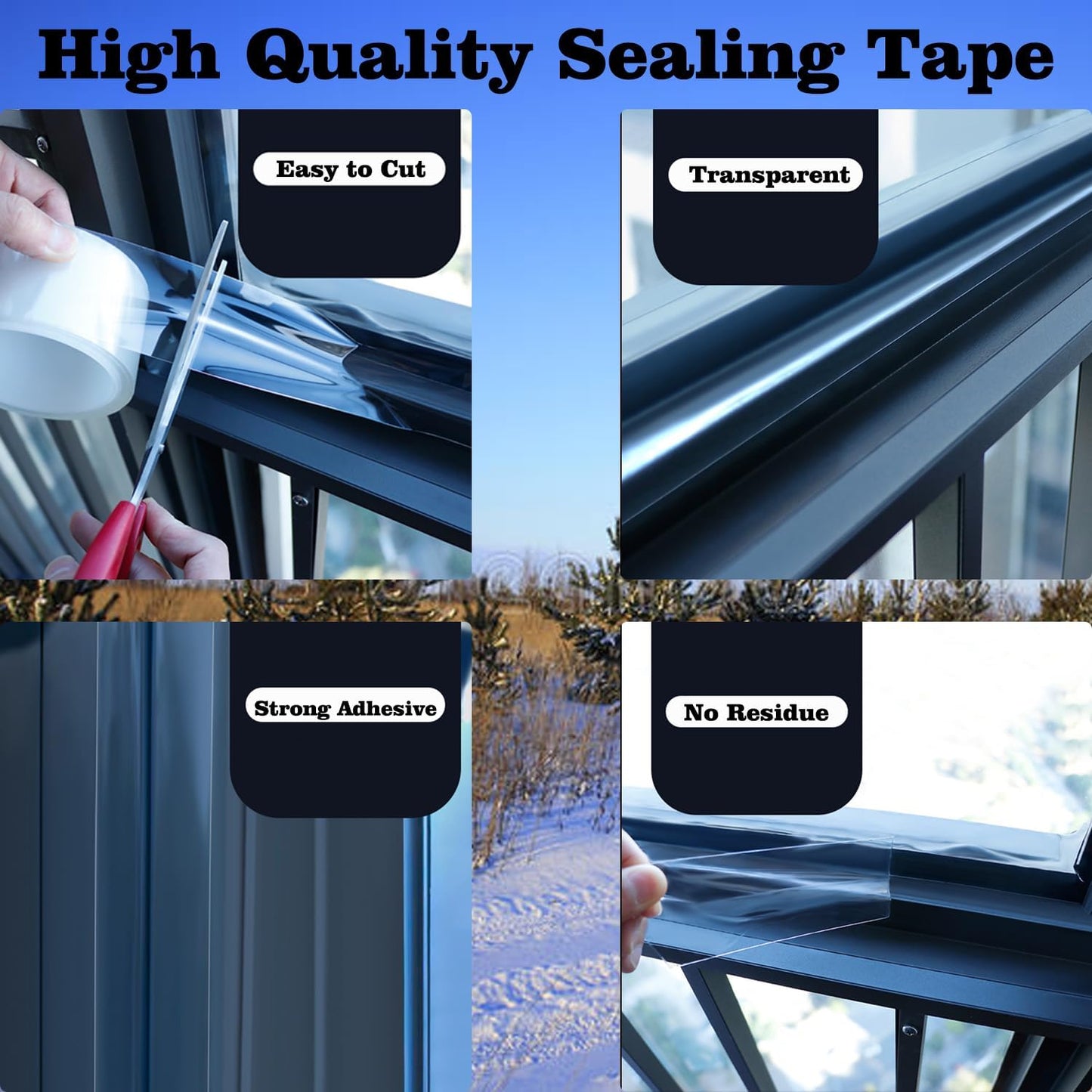 Qoqooice Transparent Window Weather Sealing Tape 2 Inch x 33 FT Weather Stripping Residue-Free Clear Window Insulation Tape for Doors Windows and Shower Glass Gaps