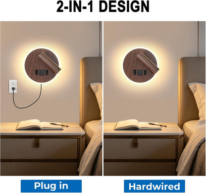 Plug in Wall Sconce with Wall Mounted Reading Lights with Switch | Wall Lamp for Bedroom with Charging Station USB C+A Ports,Bunk Bed Lights with 3W+9W Night Light,Walnut Color Reading Light