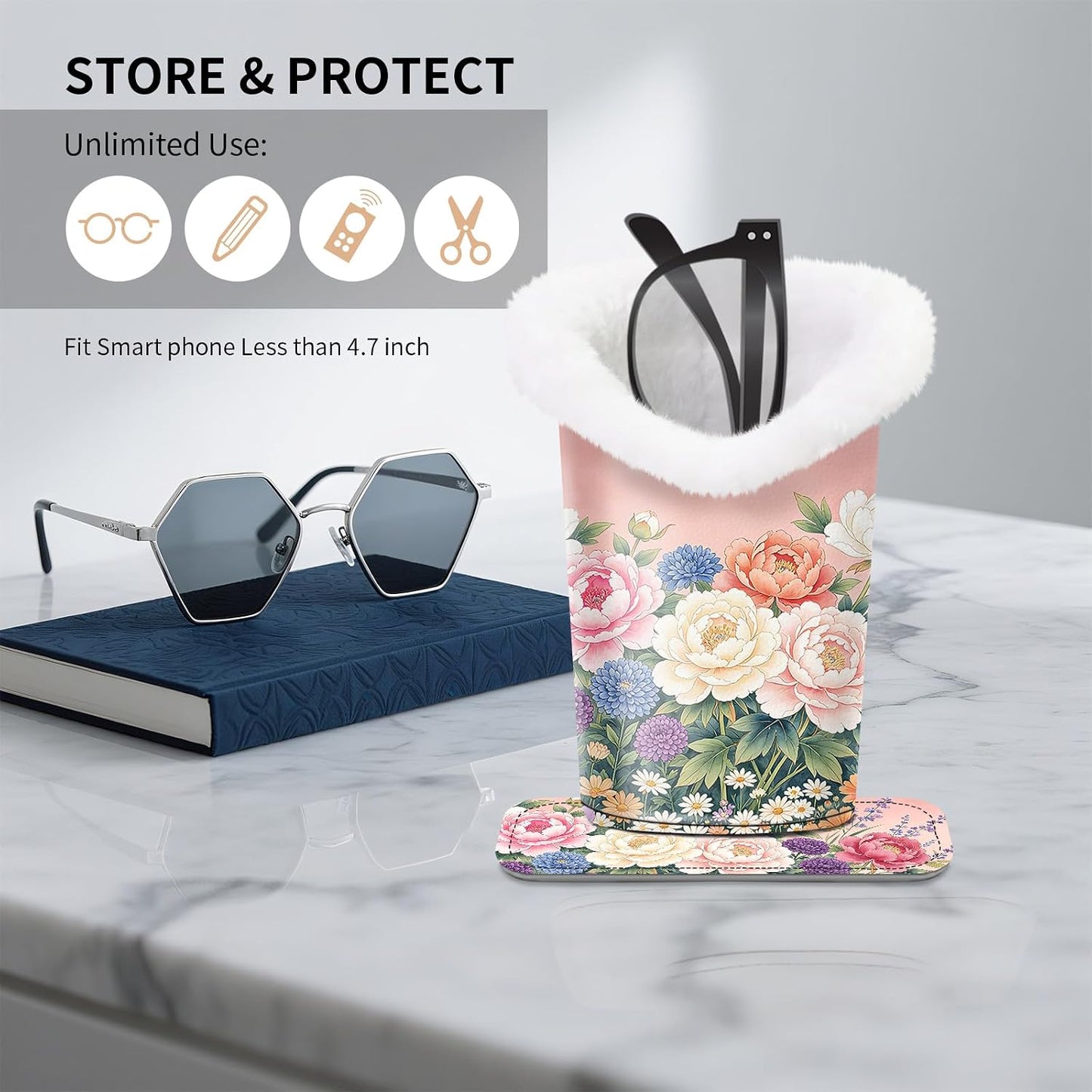 Plush Lined Eyeglasses Holder, Cute Magnetic PU Leather Glasses Stand Case for Women Men Kids