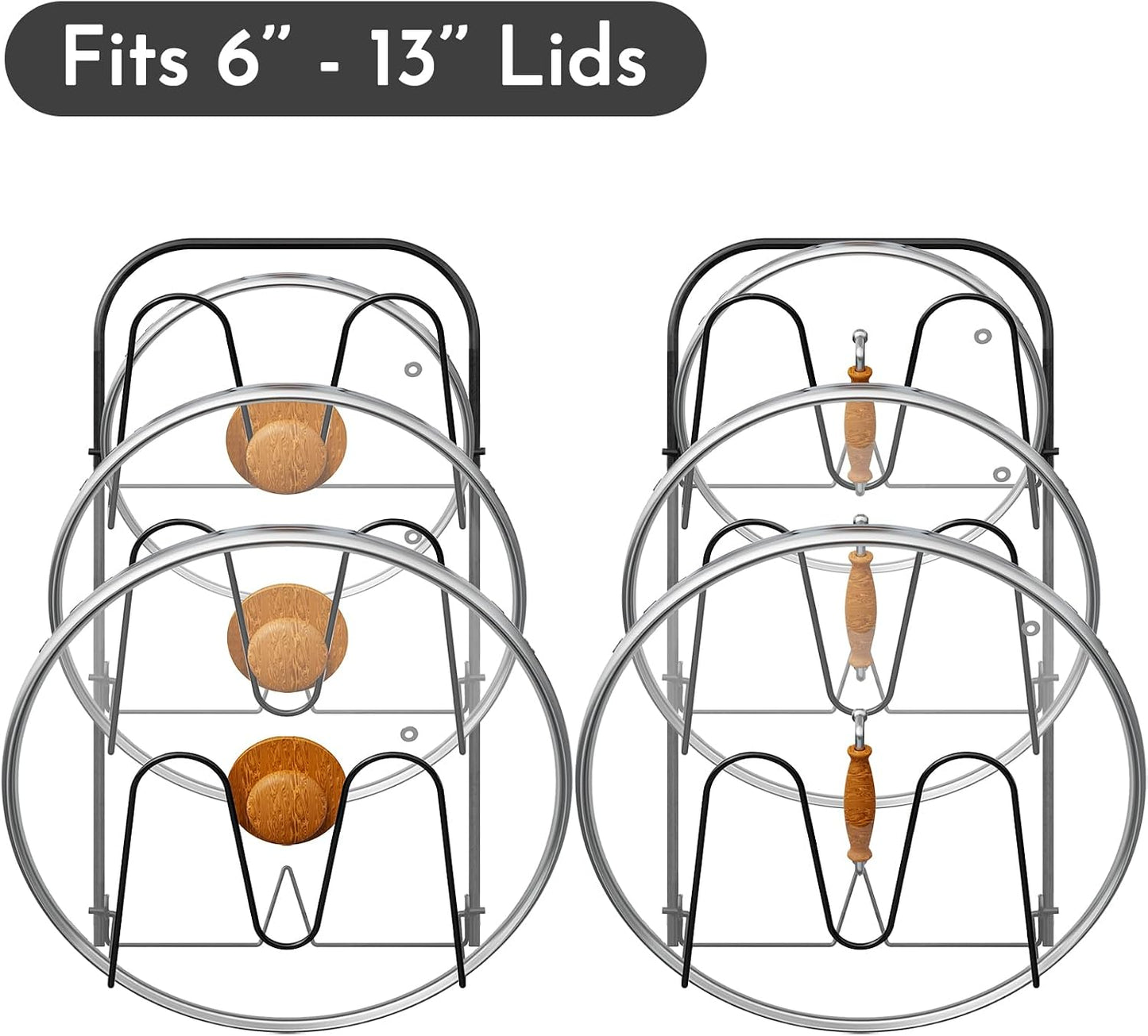 Universal Adjustable Pot Lid Holder Organizer for Cabinet - Upgraded Patented Niceyos 1 Pack Pan Lids Organizers Inside Cabinet Door Wall Mount Pots Top Rack for Kitchen Cupboard Fit 6" to 13" (Black)