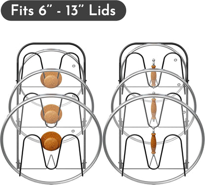 Universal Adjustable Pot Lid Holder Organizer for Cabinet - Upgraded Patented Niceyos 1 Pack Pan Lids Organizers Inside Cabinet Door Wall Mount Pots Top Rack for Kitchen Cupboard Fit 6" to 13" (Black)