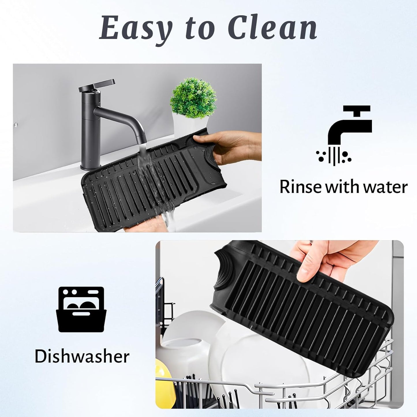 PoYang 24 Inch Faucet Mat for Kitchen Sink Splash Guard, Silicone, Black | Sink Protectors with 7° Slope for Smooth Drainage, Snap Button Holds It in Place, 90° Foldable & Cuttable Hole Fit Most Sinks