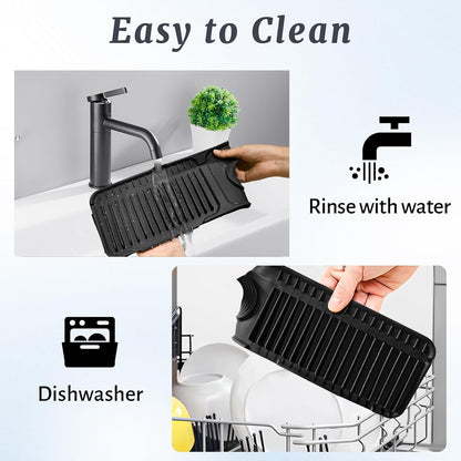 PoYang 24 Inch Faucet Mat for Kitchen Sink Splash Guard, Silicone, Black | Sink Protectors with 7° Slope for Smooth Drainage, Snap Button Holds It in Place, 90° Foldable & Cuttable Hole Fit Most Sinks