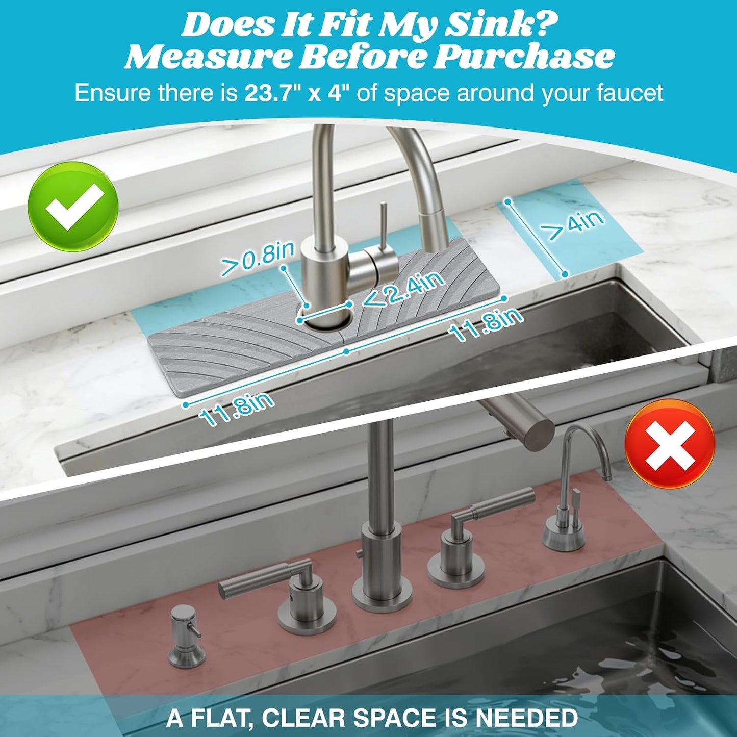 SpaceHacks Stone Faucet Mat for Kitchen Sink 23.7x4 in, Light Gray | Fast Drying Diatomite Stone Drying Mat, Water Splash Guard, Textured Drainage Sink Protector, Suits Bathroom&Kitchen Counter