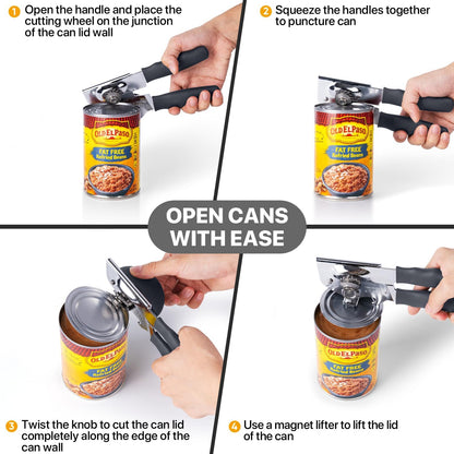 UHIYEE Heavy Duty Hand Can Opener with Comfortable Grip for Seniors, Black | Manual Can Opener, Hardened Steel Blade, Rubber-Coated Handle, Oversize Knob, Built-in Magnet & Bottle Opener