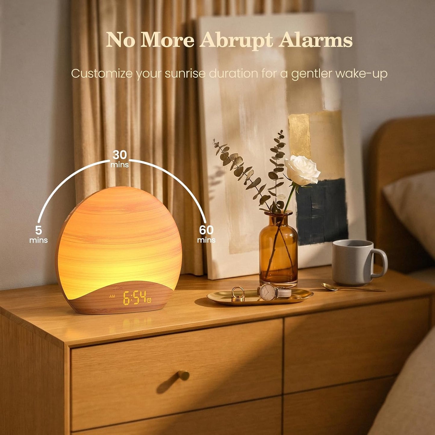 REACHER Wood Grain Sunrise Alarm Clock and Sound Machine Nightlight, Digital Dimmable Clock for Bedroom, 26 Sleep Sounds, White Noise Machine for Baby, Adults, Wake Up Light Alarm Clock for Kids | Digital Dimmable Clock for Bedroom, 26 Sleep Sounds,