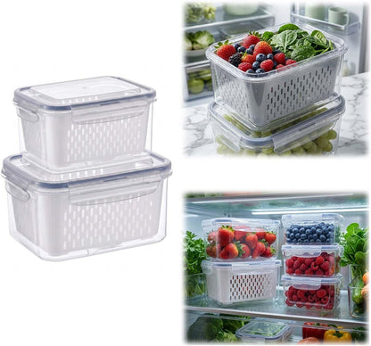Fruit Storage Containers for Fridge with Removable Colander, Airtight Produce Storage Containers with Lids, Fridge Organizers and Storage for Berry, Fruit, Vegetables, Salad & Meal Prep (Gray, S+M+L)