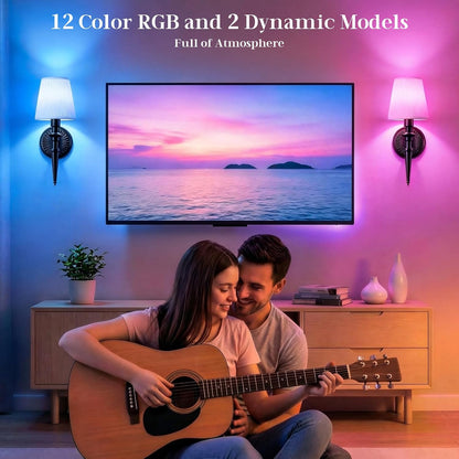 Battery Operated Wall Sconces Set of 2, Wireless Rechargeable Wall Lights with 12 RGB Colors and 3CCT Dimmable, Small Fabric LED Wall Lamps for Bedroom, Living Room, Hallway, Gold