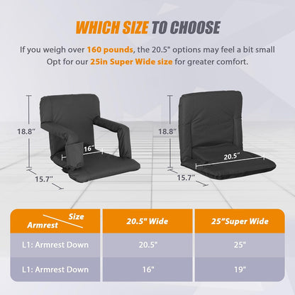 20.5"/25" Wide Stadium Seat for Bleachers w/Back Support Padded Cushion Portable Reclining Bleacher Seats Camping Stadium Chair Waterproof