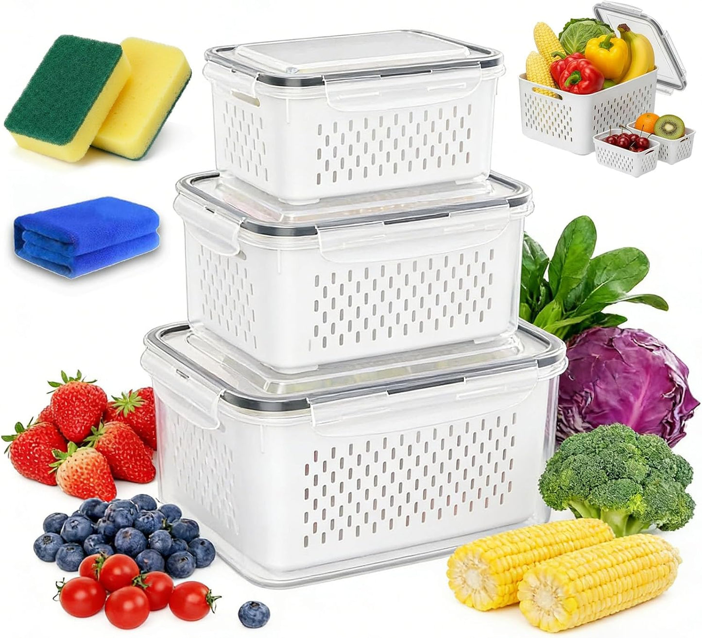 Fruit Storage Containers for Fridge with Removable Colanders, Household Transparent Plastic Food Storage Box-Including Drain Basket, 4 in 1 Food Storage Container, Vegetable Storage (Gray, S+M+L)