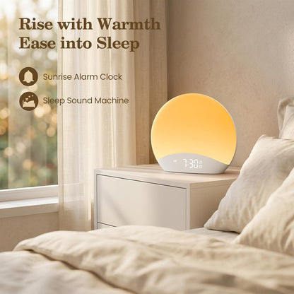 REACHER Wood Grain Sunrise Alarm Clock and Sound Machine Nightlight, Digital Dimmable Clock for Bedroom, 26 Sleep Sounds, White Noise Machine for Baby, Adults, Wake Up Light Alarm Clock for Kids | Digital Dimmable Clock for Bedroom, 26 Sleep Sounds,