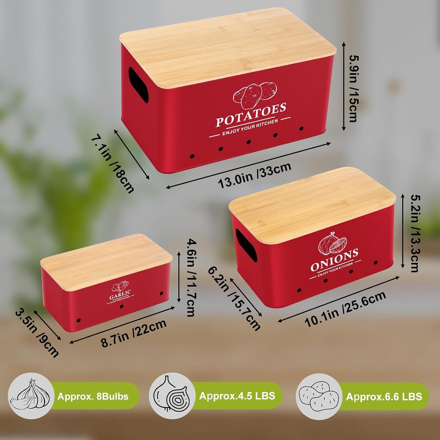 Kitchen Vegetable Storage Set of 3, Metal Onion Garlic Potato Storage Set, Kitchen Canisters Vegetable Keeper Containers with Aerating Holes and Bamboo Lid,Black
