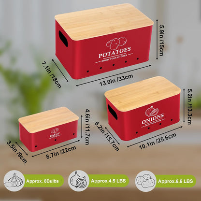 Kitchen Vegetable Storage Set of 3, Metal Onion Garlic Potato Storage Set, Kitchen Canisters Vegetable Keeper Containers with Aerating Holes and Bamboo Lid,Black