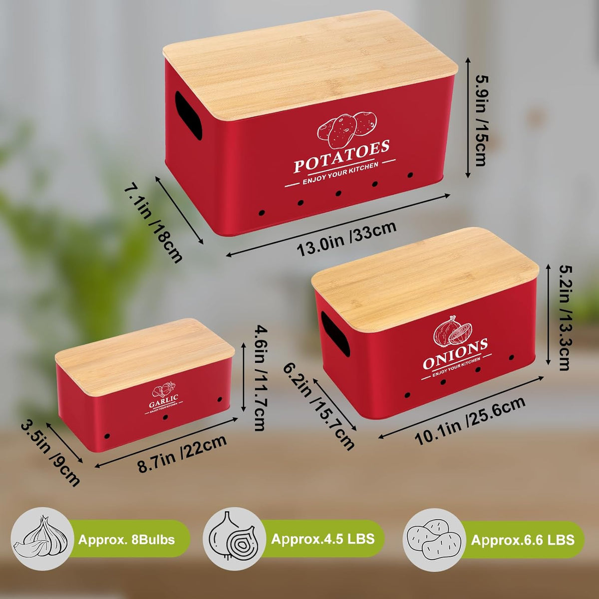 Kitchen Vegetable Storage Set of 3, Metal Onion Garlic Potato Storage Set, Kitchen Canisters Vegetable Keeper Containers with Aerating Holes and Bamboo Lid,Black