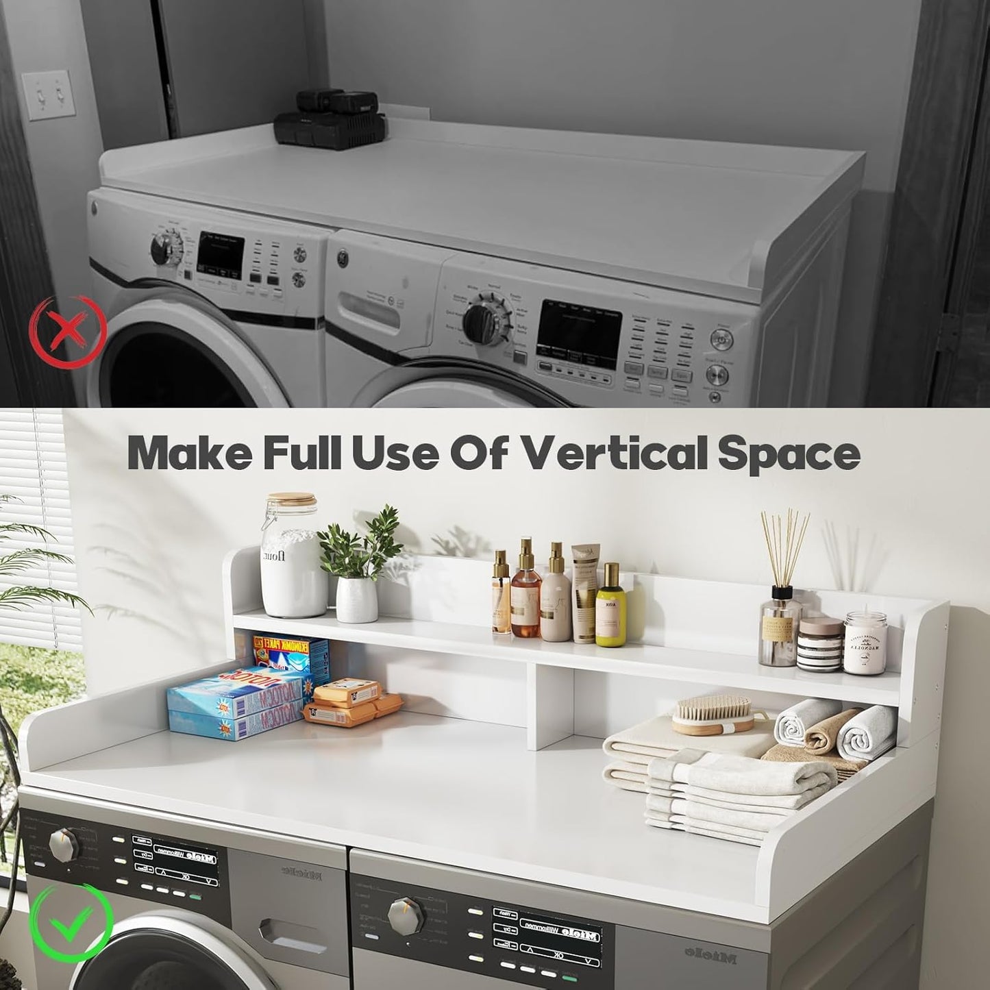 2-Tier Washer and Dryer Countertop with 2.75" H Guard,54" W x 27.5" D Laundry Countertop Cover with Non-Slip Pad,Large Space Laundry Topper for Folding Clothes Over Washer and Dryer-White