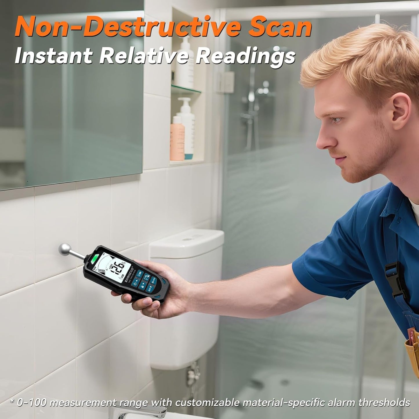 Pinless Moisture Meter for Wall,Floor – Digital Moisture Tester | With 3-Color LCD Display, Audible Alarm & HOLD Function, Ideal for Home Inspections