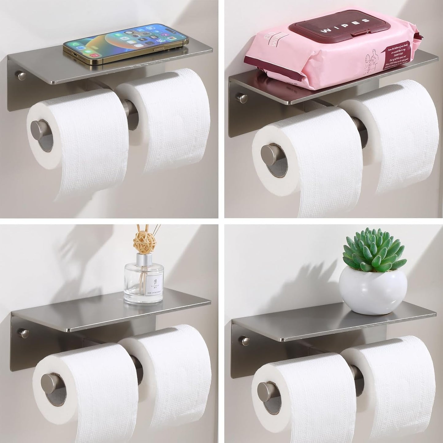 Toilet Paper Holder with Shelf, Adhesive or Screw Wall Mount Toilet Roll Holder for Bathroom, Rustproof Solid Aluminum Commercial Toilet Tissue Holder with Storage, Brushed Nickel