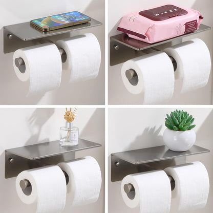 Toilet Paper Holder with Shelf, Adhesive or Screw Wall Mount Toilet Roll Holder for Bathroom, Rustproof Solid Aluminum Commercial Toilet Tissue Holder with Storage, Brushed Nickel