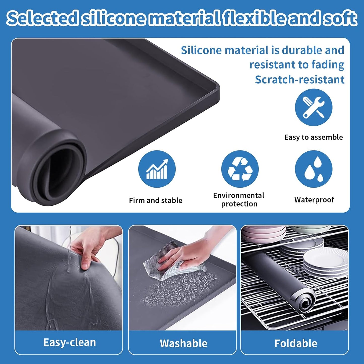 Washing Machine Drain Pan Silicone mat 27"x27" with 0.79" Raised Edges, Leak-Proof Silicone Mat, Non-Slip Waterproof Floor Protector for Washer Dryer (Grey)