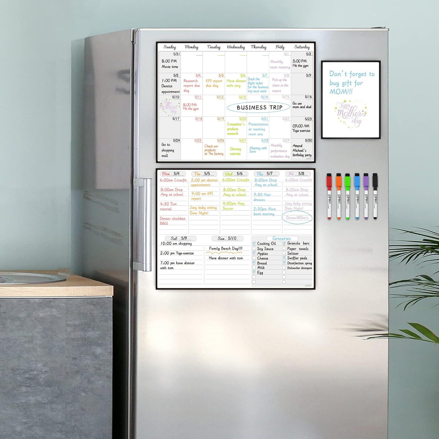 JJPRO Magnetic Dry Erase Chore Chart Set for Fridge-Used for Multiple Kids-One Chore Chart and Two Bonus Dry Erase Pad/Grocery Boards-Behavior Chart for Multiple Kids