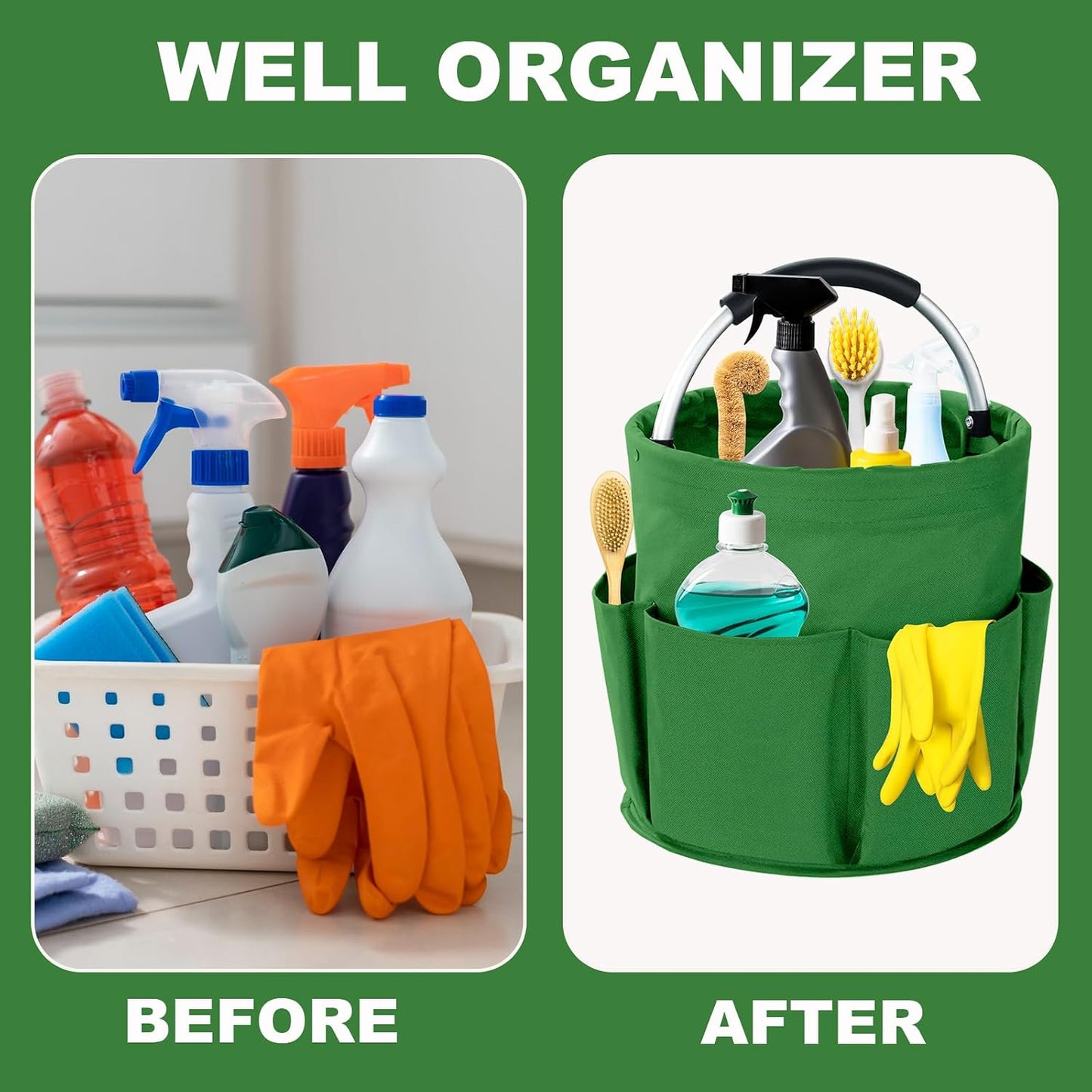 Cleaning Caddy with Handle, 17L Foldable Cleaning Supplies Organizer, Portable Storage Basket, Cleaning Supply Caddy, Multifunctional Cleaning Bucket Bag for Garden, Home, Kitchen (Black)