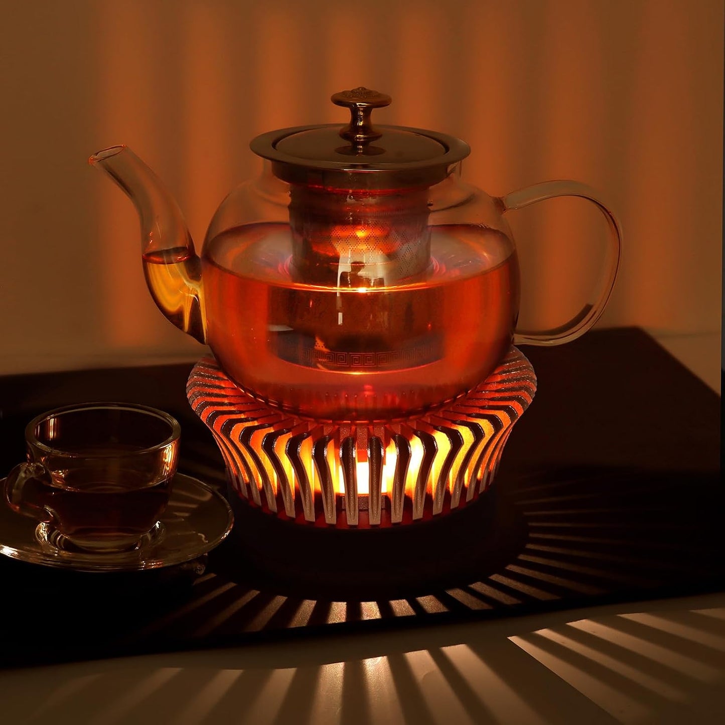 Tea Warmer, Aluminum Alloy & Wood, for Heating Tea Coffee Milk | Magnolia Flower Design, Golden, Short Teapot Warmer for Indoor & Outdoor