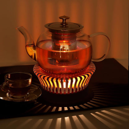 Tea Warmer, Aluminum Alloy & Wood, for Heating Tea Coffee Milk | Magnolia Flower Design, Golden, Short Teapot Warmer for Indoor & Outdoor