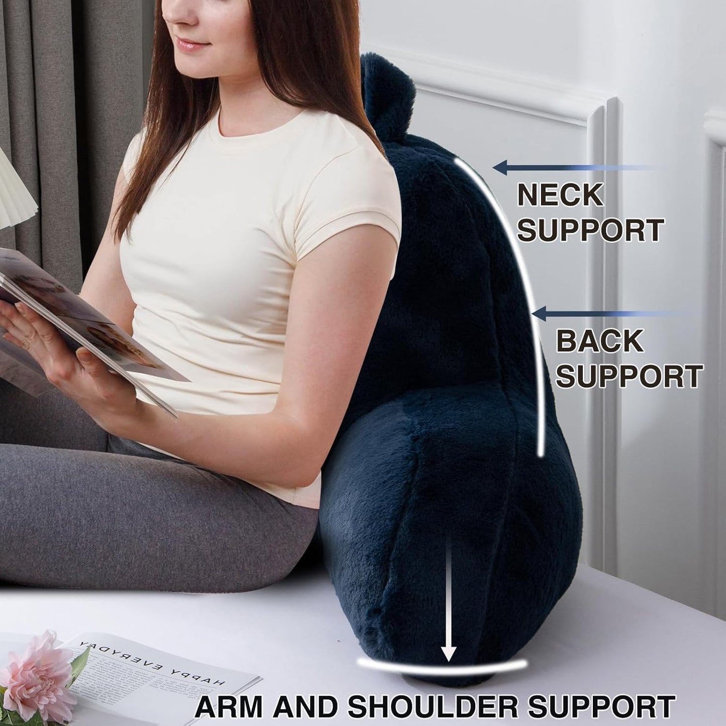 A Nice Night Ivory Reading Pillow, 18.5" Bed Wedge Pillows with Arms | Back Support For Sitting,Faux Fur Backrest Pillow For Adult Children, Supports Reading,Gaming & Relaxing in Bed,Couch,Floor