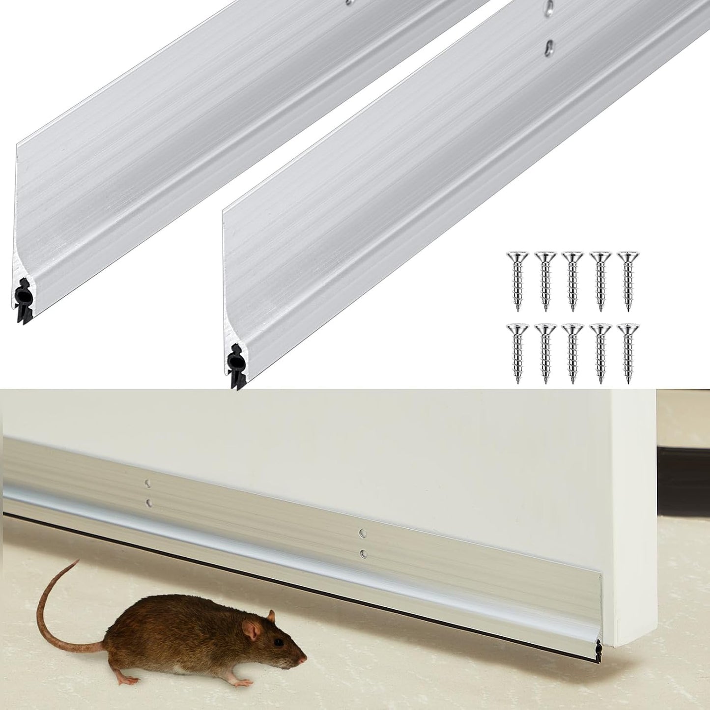 Gisafai 2 Pcs 36 Inches Door Mouse Stopper, Metal Sweep, Silver | Aluminum Strip Blocks Rodents Under Door, Reduces Noise and Drafts, Weather Seal for Energy Saving, Includes Screws