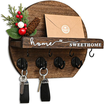 Key Holder for Wall, Key and Mail Holder Organizer - Key Holder Wall Mount with Bouquet Shelf and Key Hooks, Round Wooden Rustic Key Rack for Entryway and Home Decor (Black)