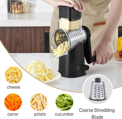 Weltonhm 4 in 1 Large Rotary Cheese Grater Hand Crank (black, 3 Graters) | Cheese Shredder Rotary and Slicer with 4 Stainless Steel Blades for Vegetables, Veggie and Cheese, Stronger Suction Base