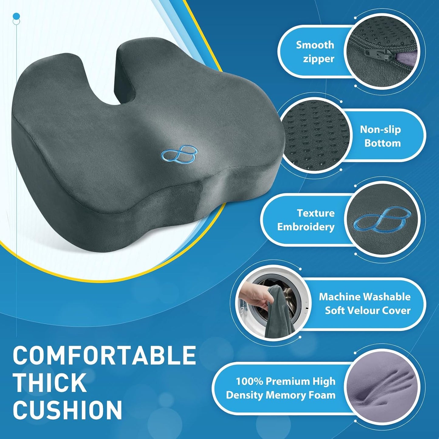 BlissTrends Memory Foam Seat Cushion for Office Chair & Car Seat, Black | 4.7in Ergonomic Tailbone & Sciatica Support with Removable Velvet Cover for Pressure Relief and Long Sitting Comfort