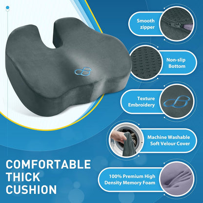 BlissTrends Memory Foam Seat Cushion for Office Chair & Car Seat, Black | 4.7in Ergonomic Tailbone & Sciatica Support with Removable Velvet Cover for Pressure Relief and Long Sitting Comfort