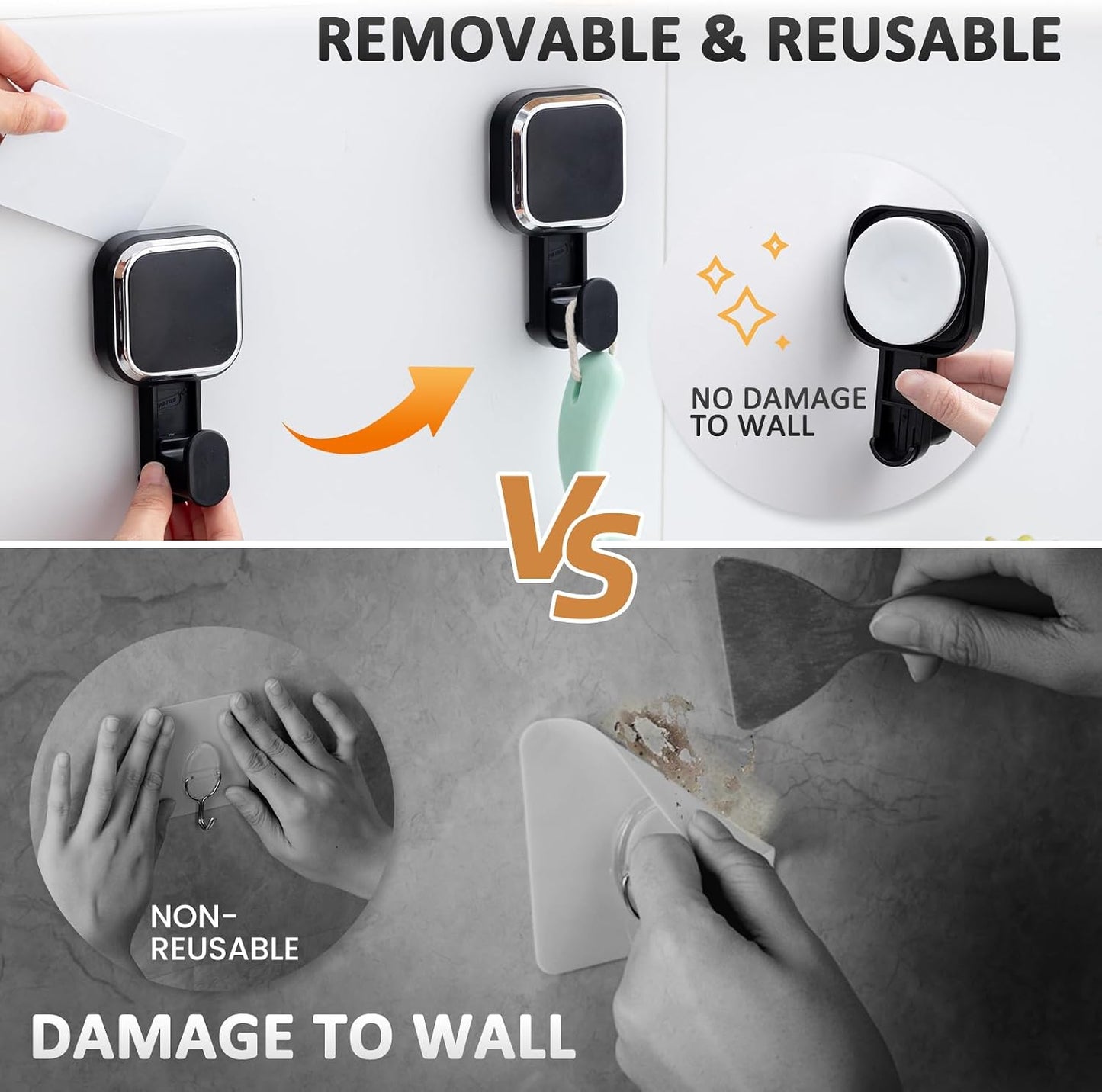 Razor Holder for Shower 2 Pack, Powerful Vacuum Suction Cup Hook for Towel, Loofah, Razor, Squeegee, Damage-Free Wall Shower Hook, Shaver Holder for Bathroom, Easy to Install and Reuse, Black