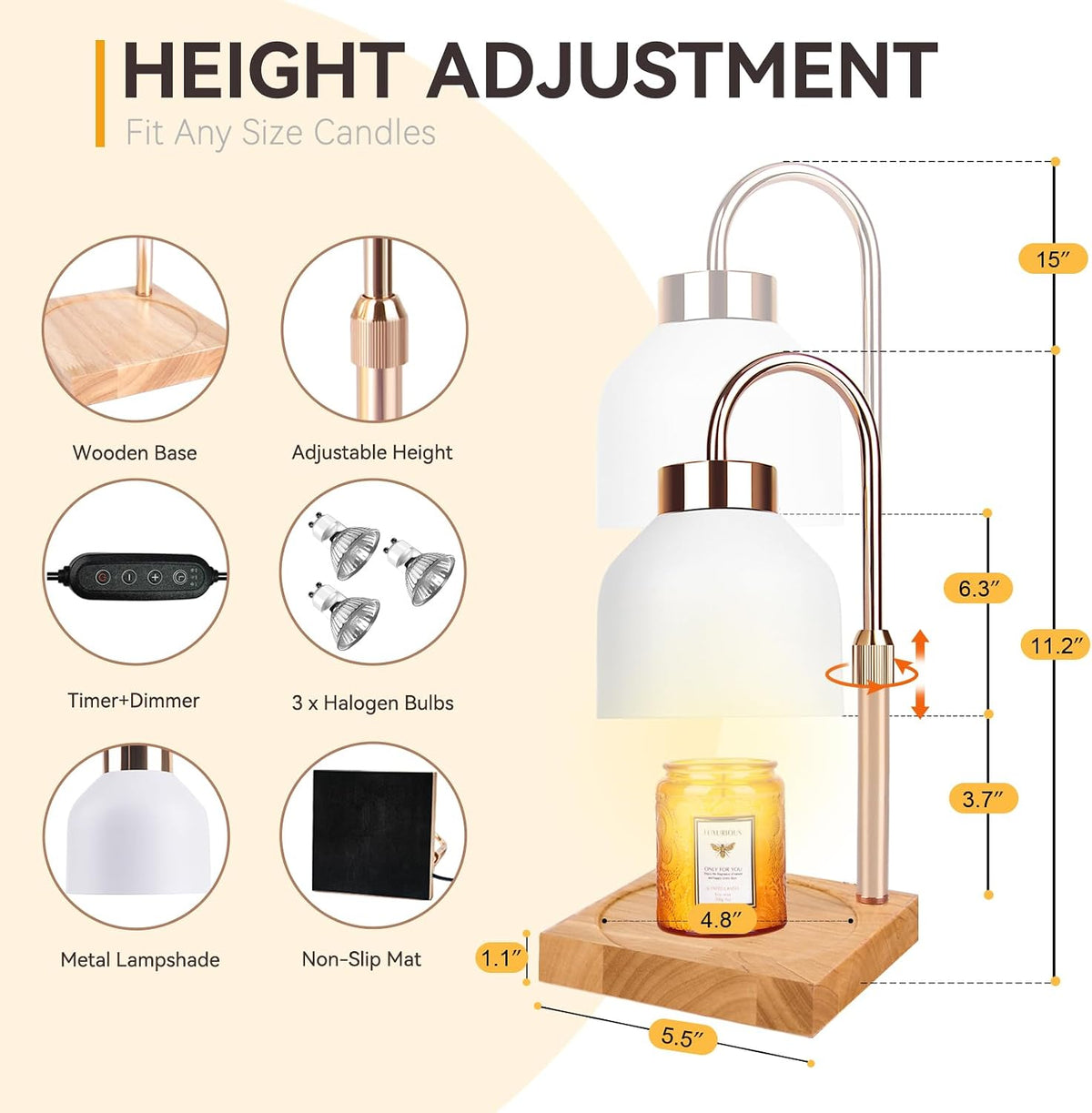 Candle Warmer Lamp with 3 Bulbs, Adjustable Height Dimmable Candle Warmer with Timer, Candle Lamp with Charming Gift Box Ribbon,Birthday Gifts for Women Mom, House Warming Gifts New Home Decor