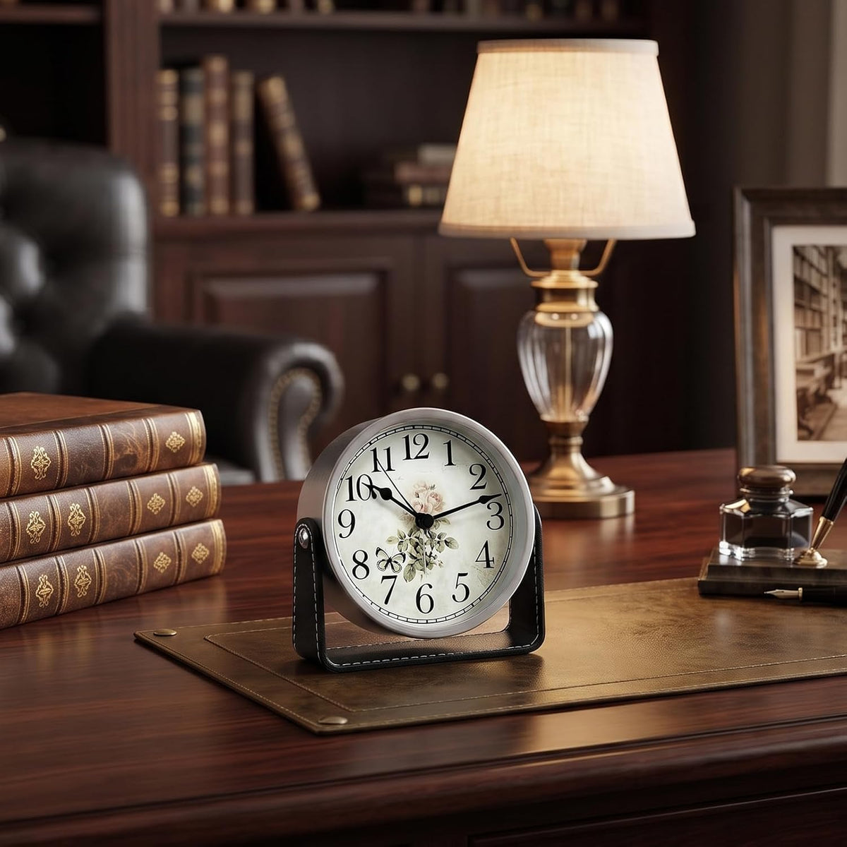 Analog Alarm Clock - 4.5" Silent Non Ticking Small Clock with Light, Rotatable Stand Metal Desk Clock Battery Operated, Simple Design for Living Room Decor/ Bedroom/Bedside/Shelf (Black & White)