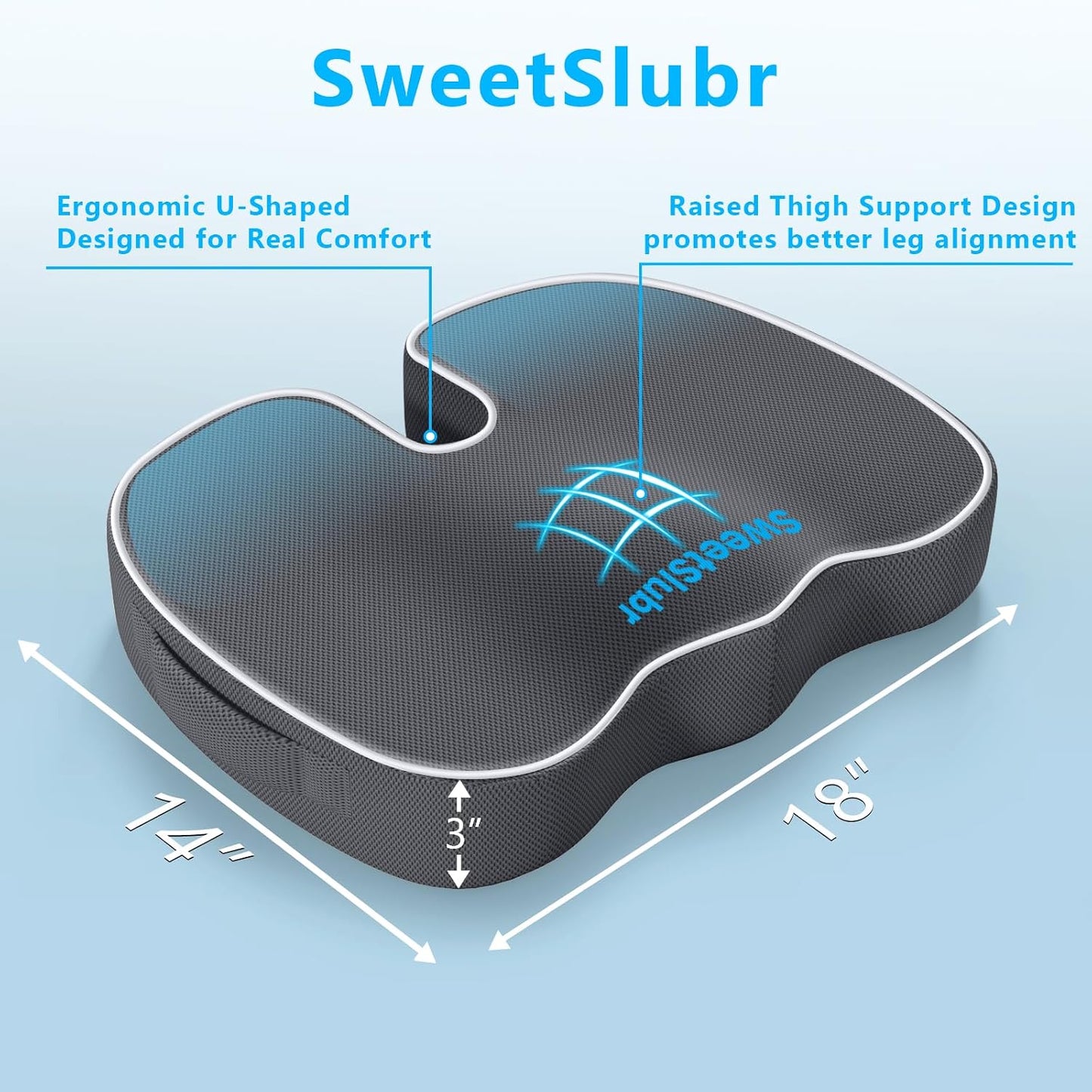 SweetSlubr Memory Foam Seat Cushion & Lumbar Support Pillow Set Black Large | U-shaped Cushion Design, Washable Mesh Cover, Adjustable Straps, Non-slip Base, Office Chair and Car Seat Use