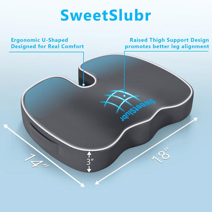 SweetSlubr Memory Foam Seat Cushion & Lumbar Support Pillow Set Black Large | U-shaped Cushion Design, Washable Mesh Cover, Adjustable Straps, Non-slip Base, Office Chair and Car Seat Use