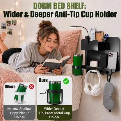 Floating Bedside Wall Shelf, Metal Bedside Wall Organizer with Detachable Cup Holder, No Drill Wall Mounted Storage for Bedroom, Dorm, Loft Bed, Bunk Bed & Small Space Organization